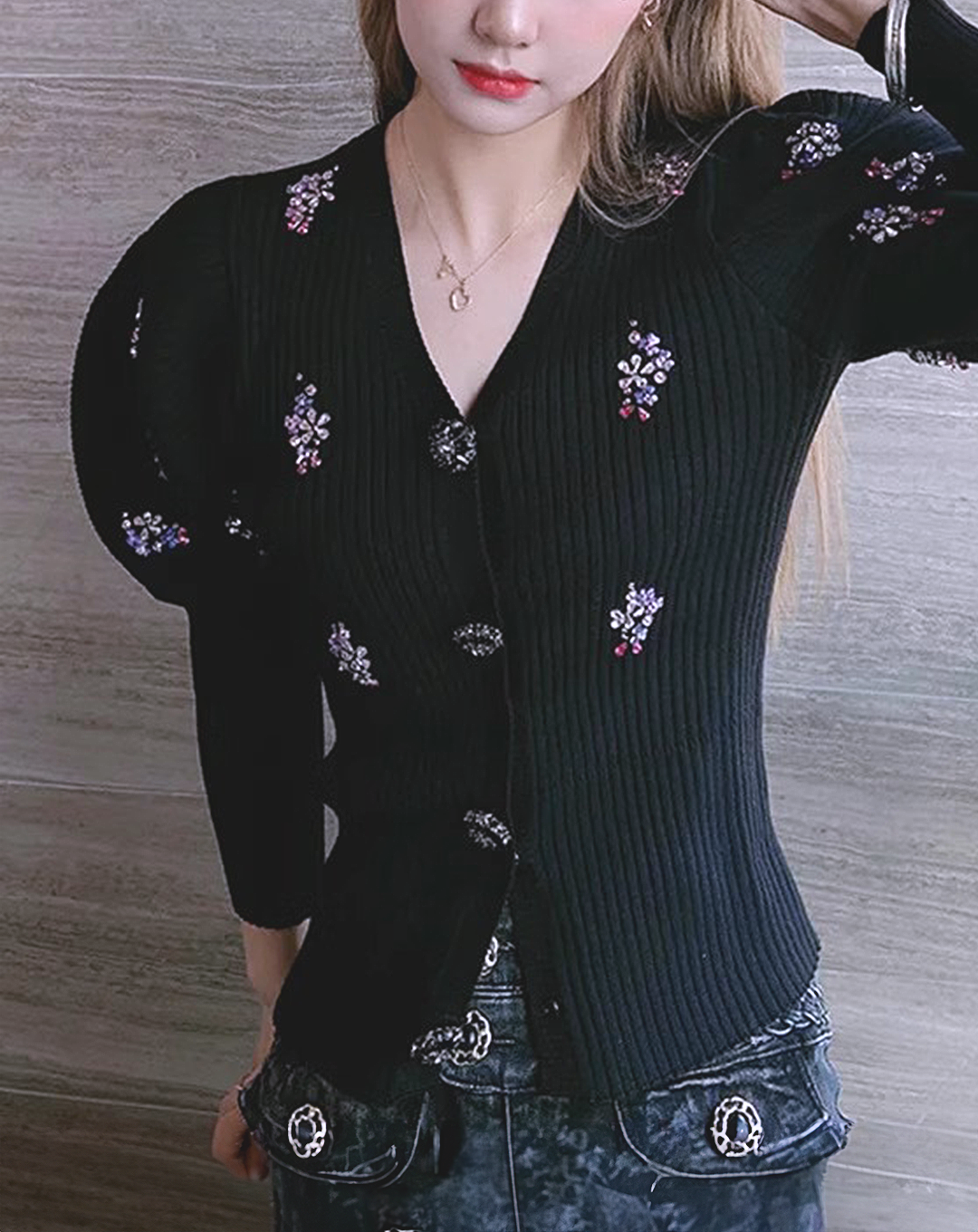 ♀Puff Sleeve Rib Cardigan