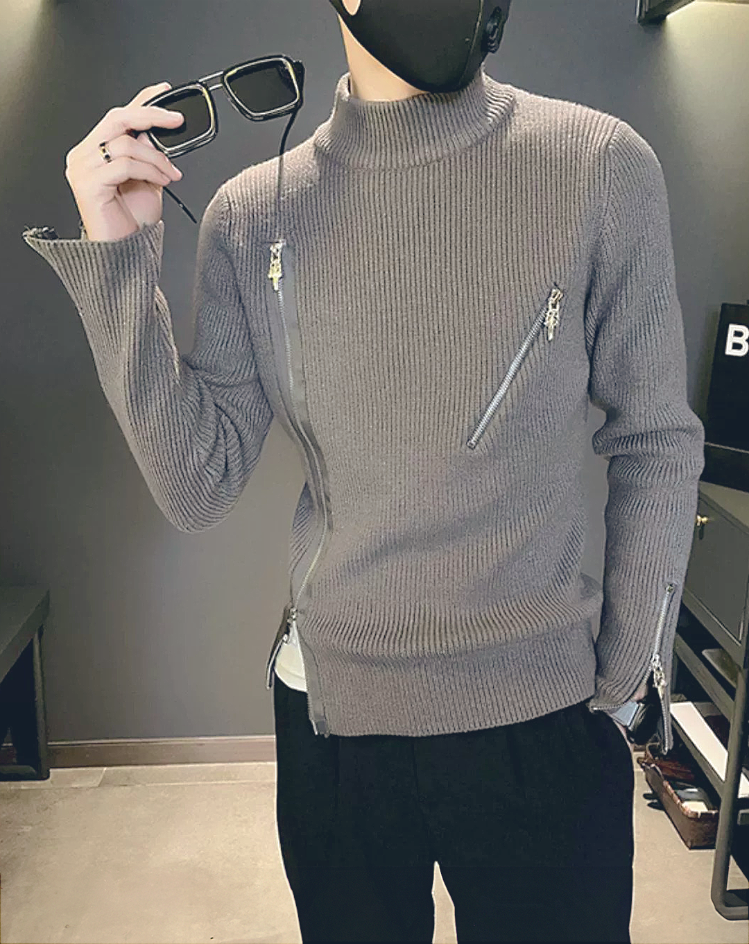 ♂Irregular Zip Design Knit