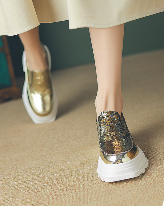 ♀Platform Metallic Leather Slip-on Shoes