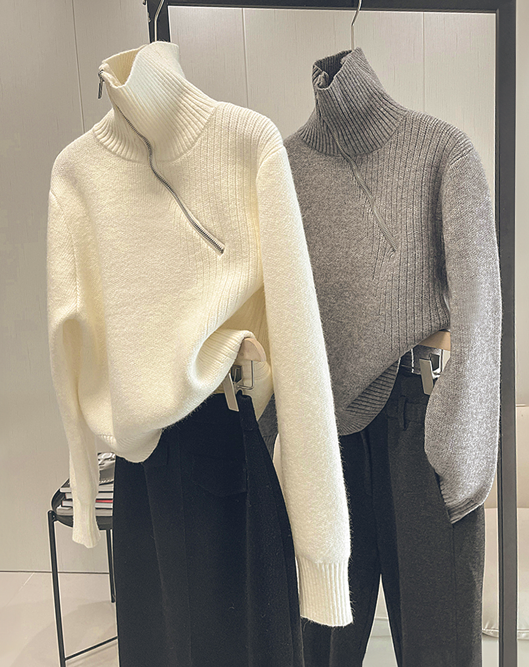 ♀Diagonal Half Zip Knit