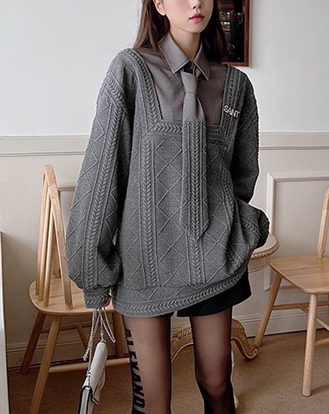 ♀Layered Collar Knit Sweat