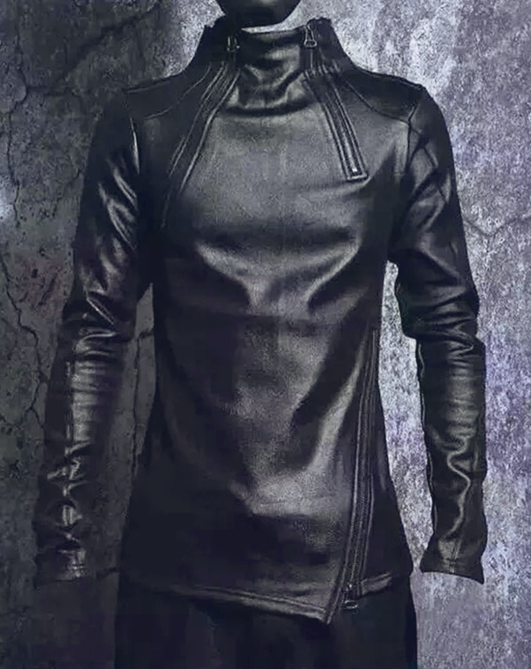 ♂Asymmetric Zip High Neck Leather Tops