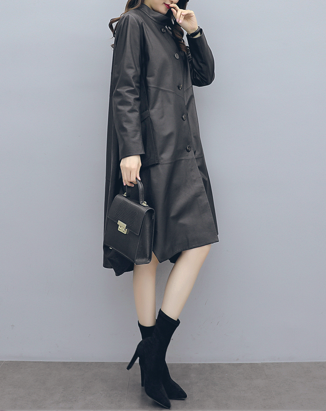♀Stand Collar Leather Long Shirt