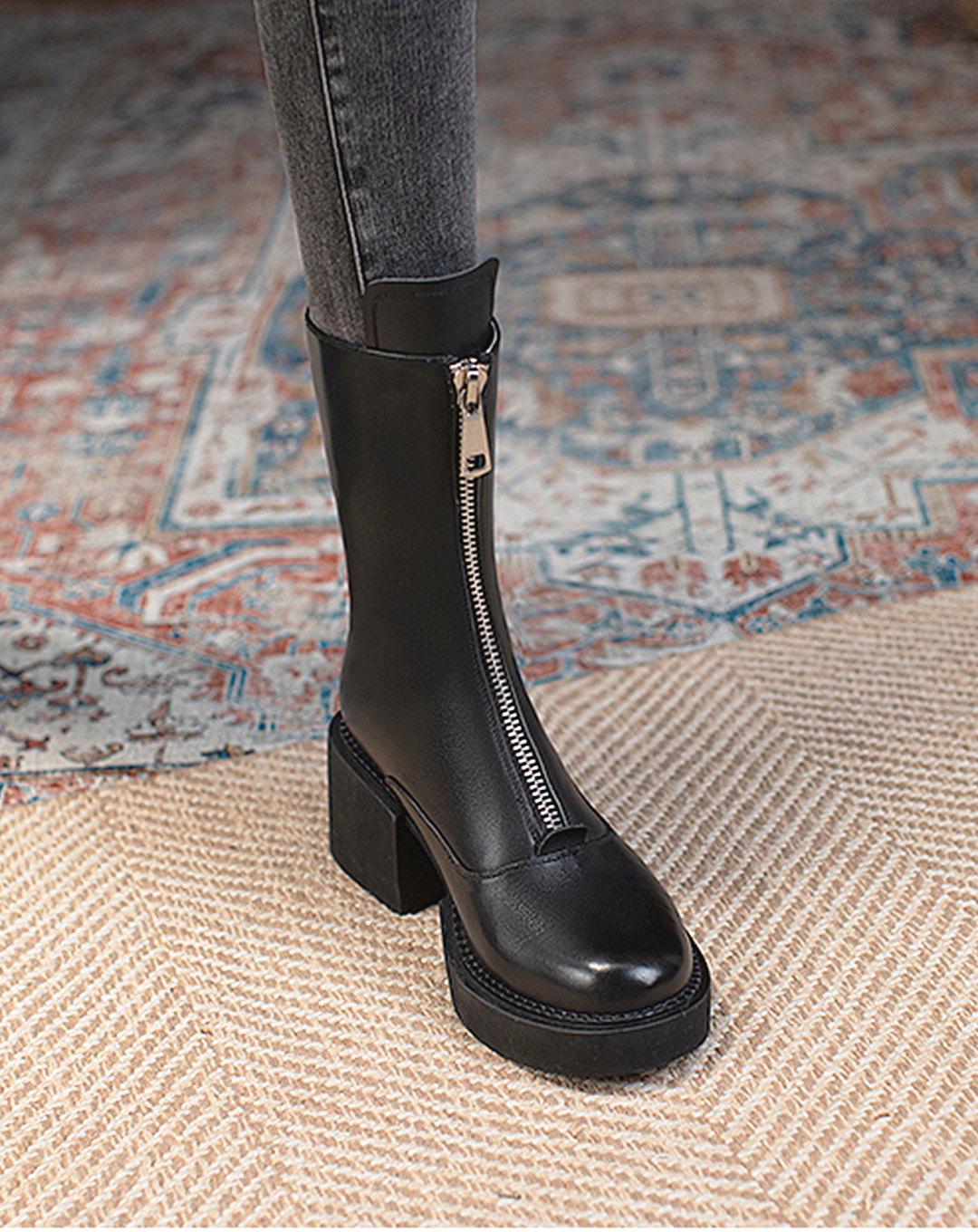♀本革/Zip-Up Middle Boots