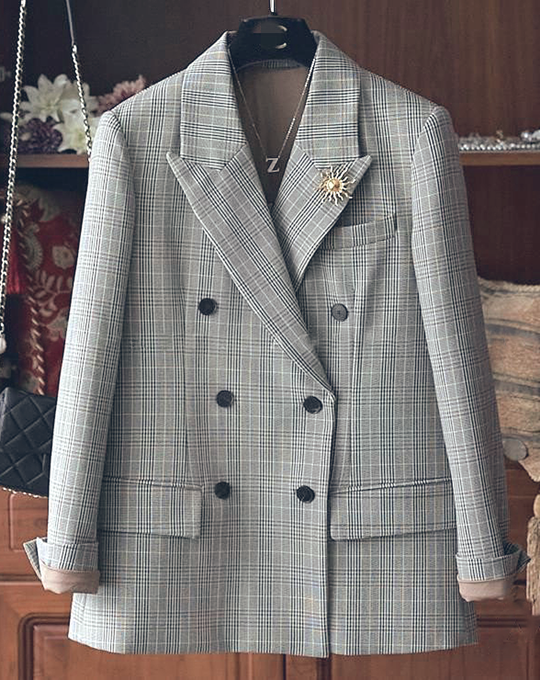 ♀Back Pleated Glen Check Jacket