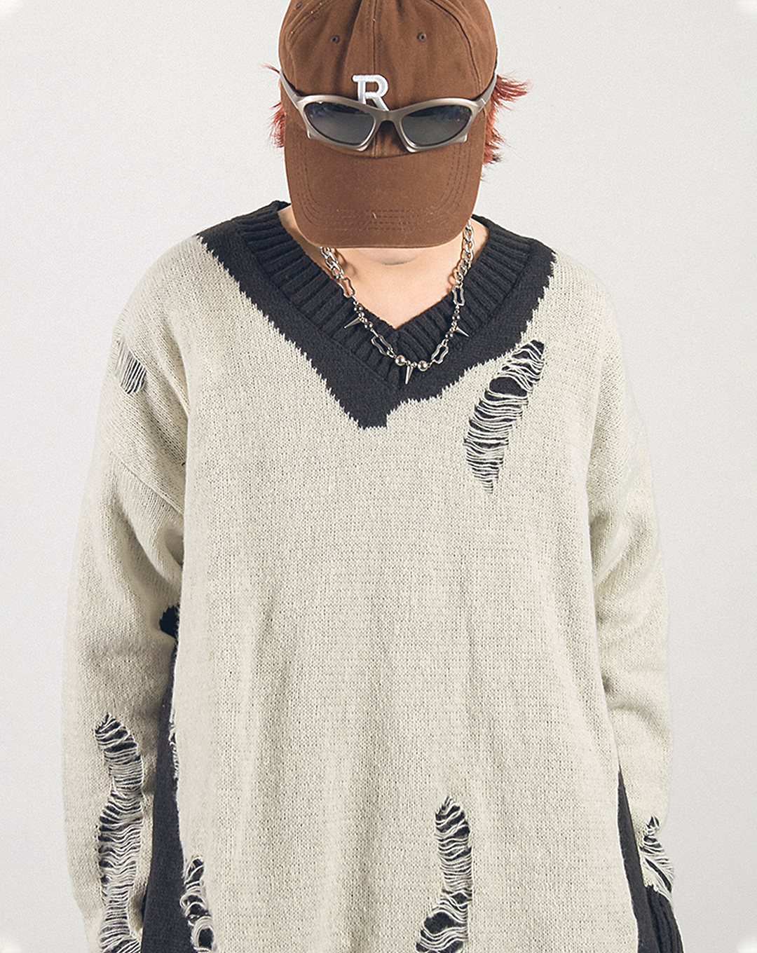 ♀Damaged V-Neck Knit