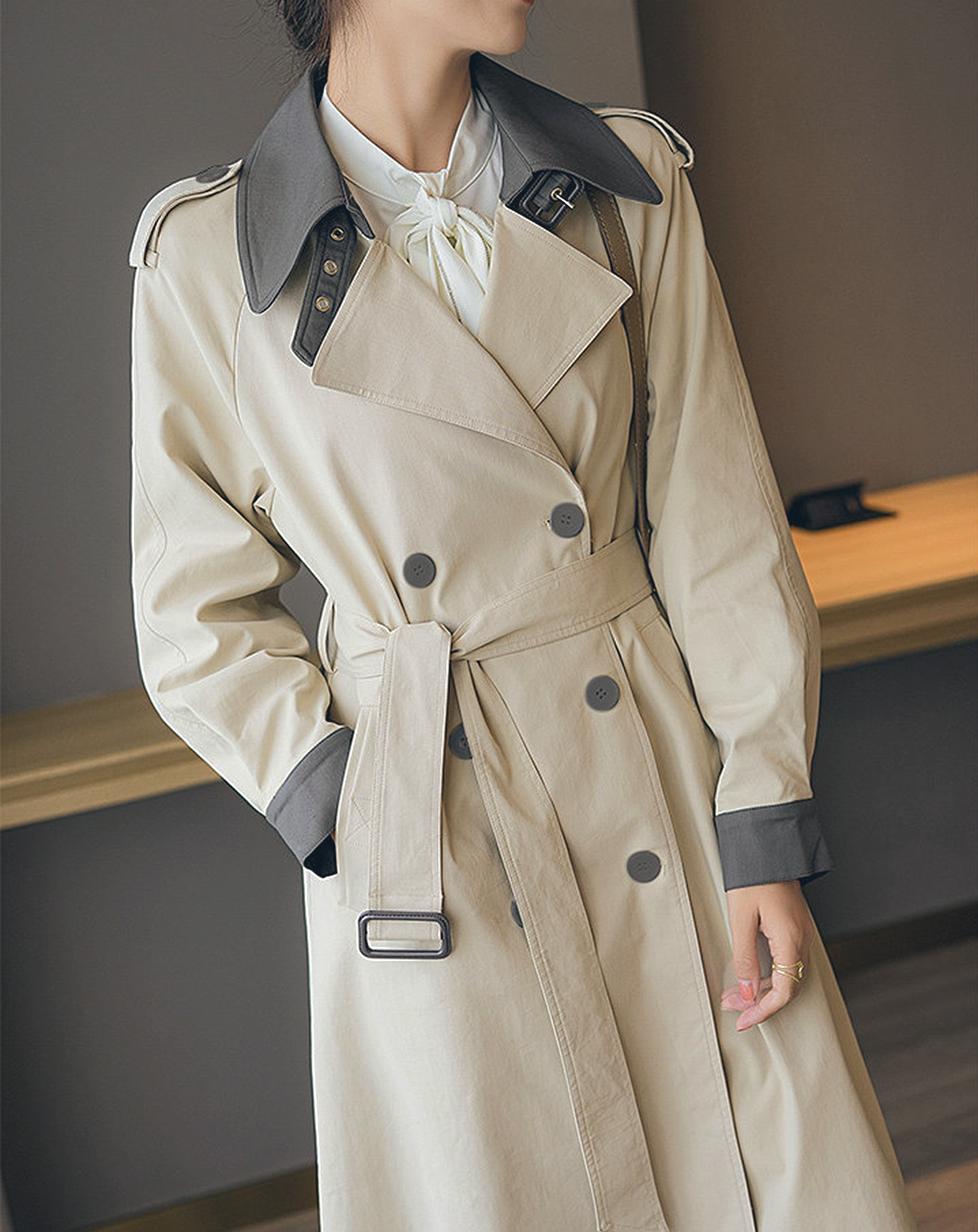 ♀Bicolor Soutien Collar Trench Coat