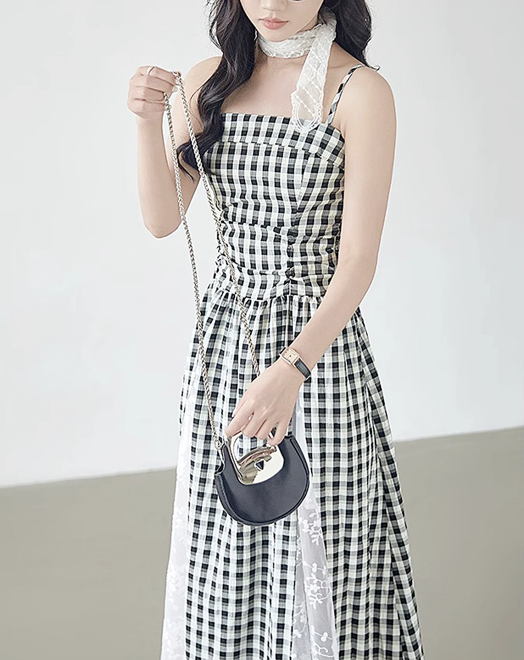 ♀Gingham Lace Dress