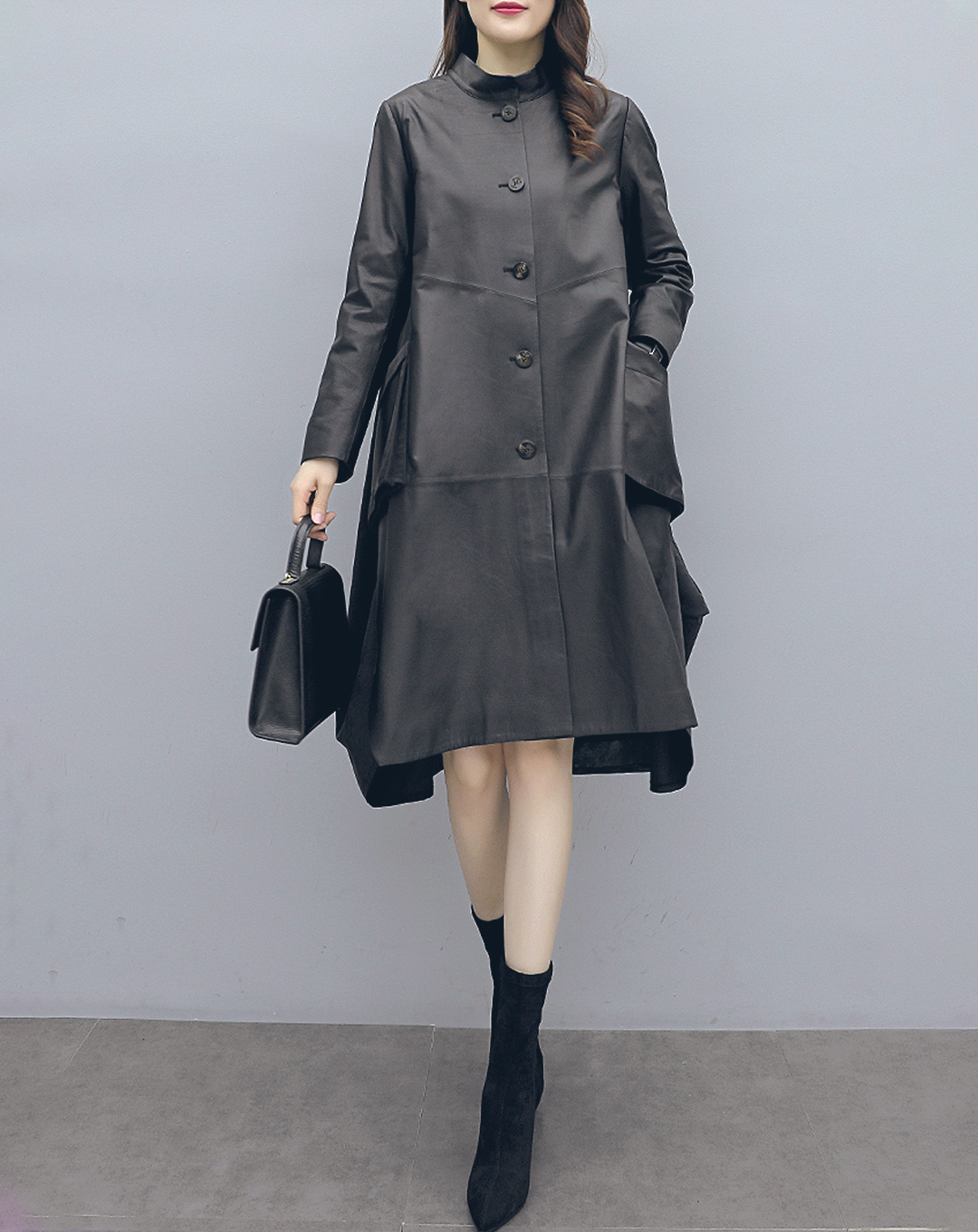 ♀Stand Collar Leather Long Shirt