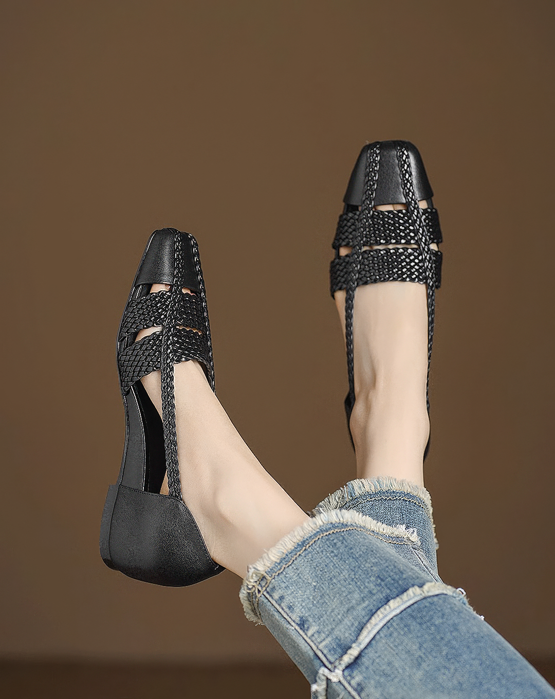 ♀本革/Woven Square Toe Shoes