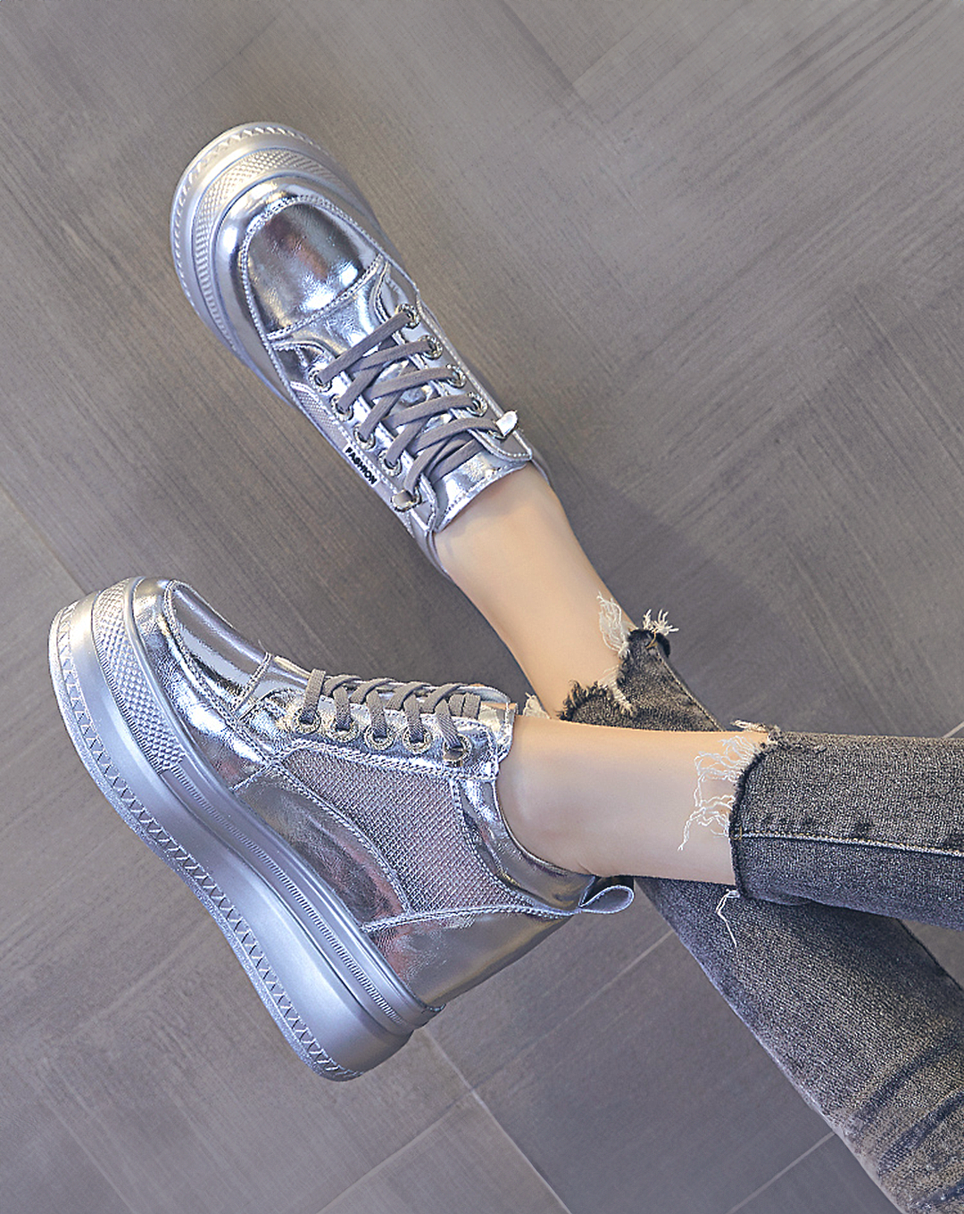 ♀本革/Silver Chunky Platform Sneakers