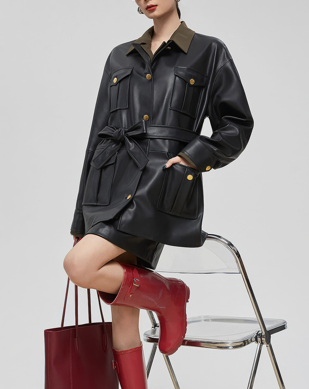 ♀Olive Collar Leather Jacket