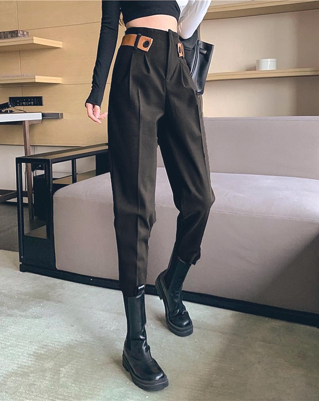 ♀High Waist Point Belt Pants