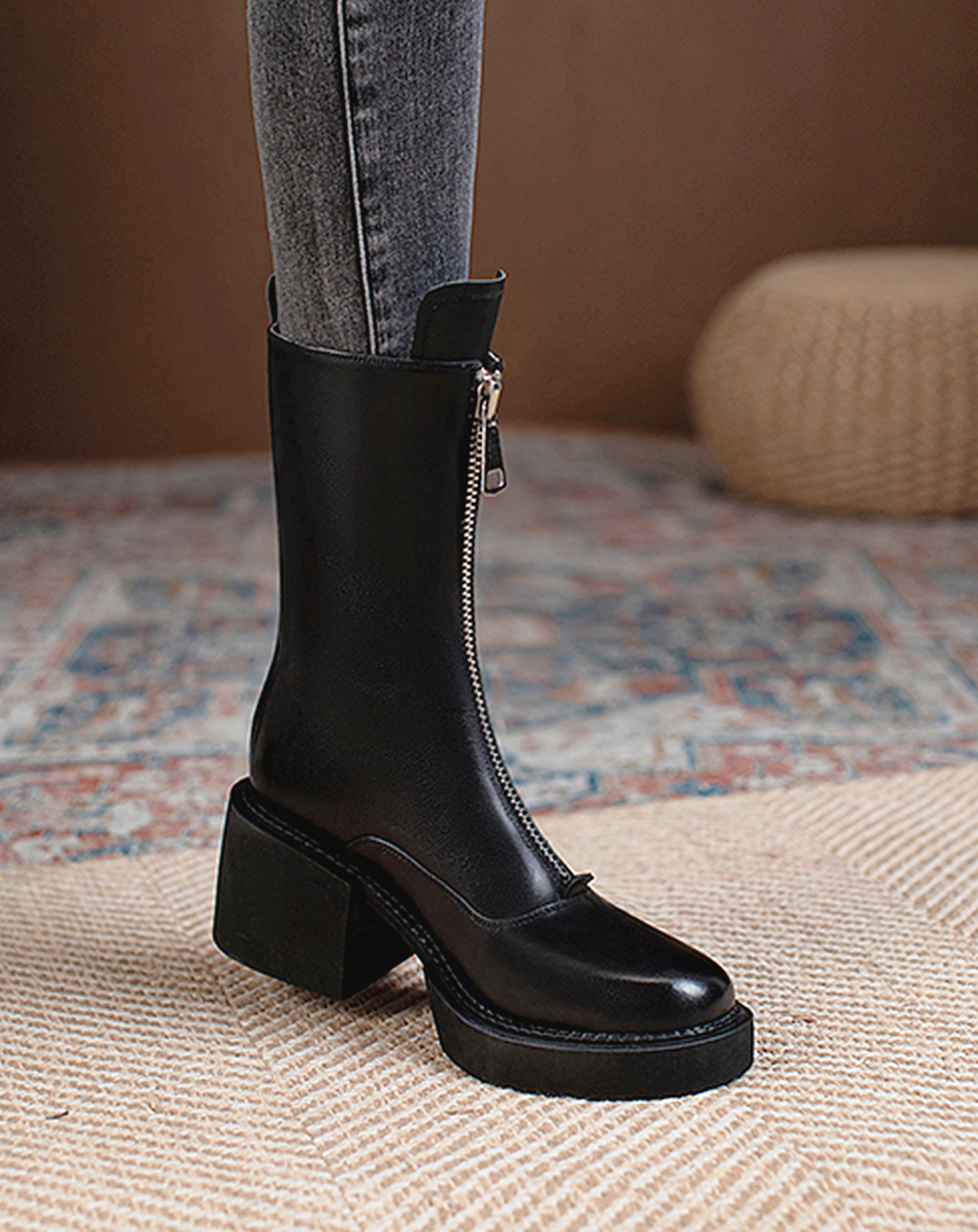 ♀本革/Zip-Up Middle Boots