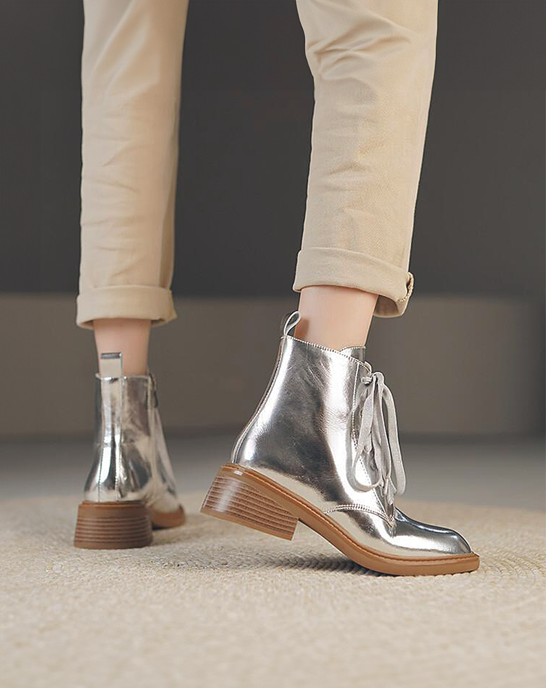 ♀本革/Silver Lace-Up Short Boots