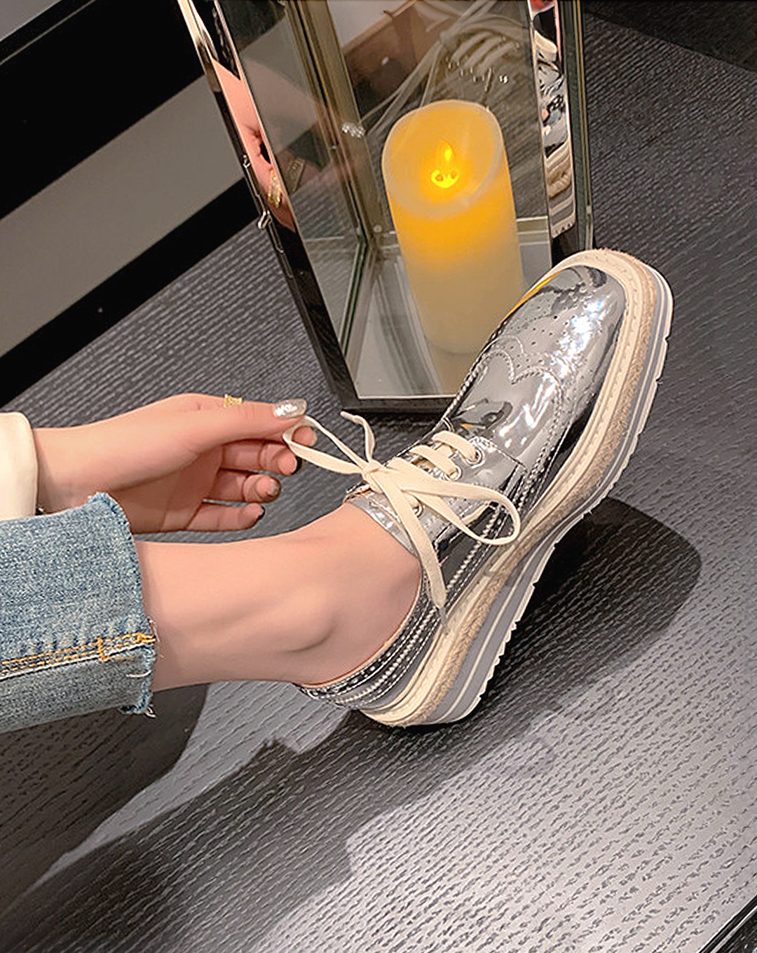 ♀本革/Wingtip Platform Leather Shoes