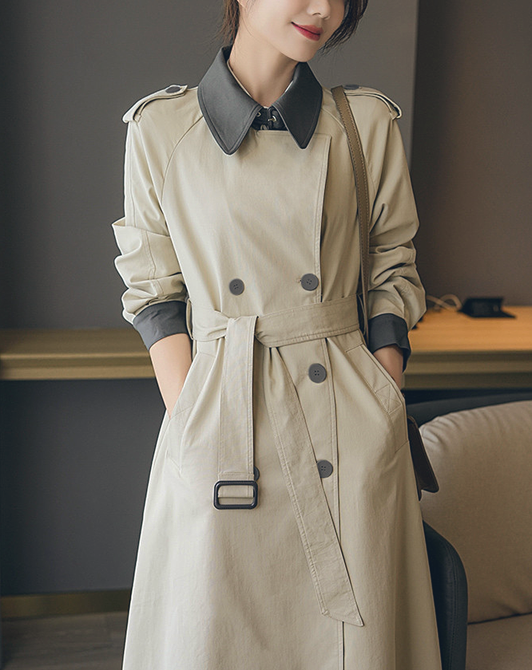 ♀Bicolor Soutien Collar Trench Coat