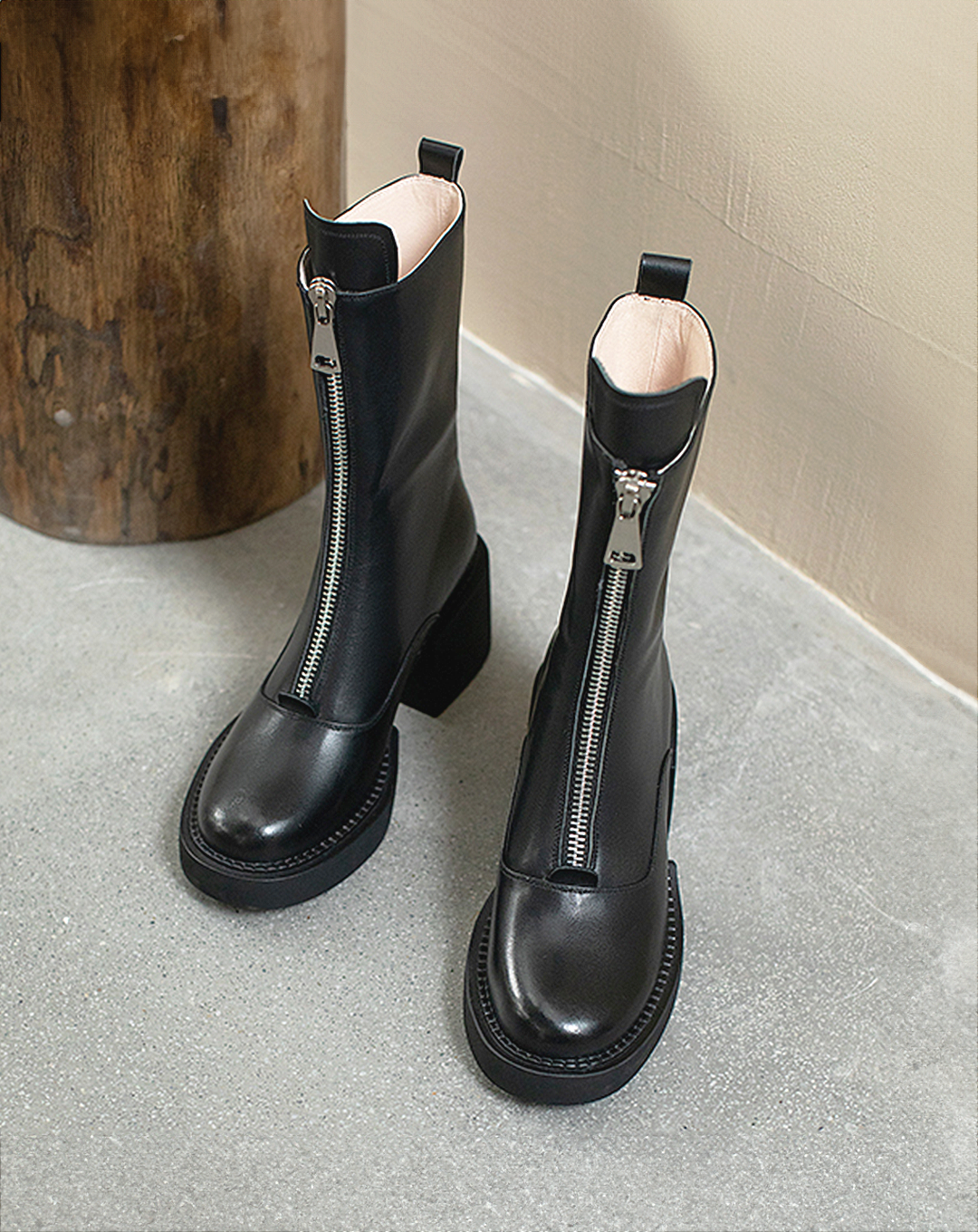 ♀本革/Zip-Up Middle Boots