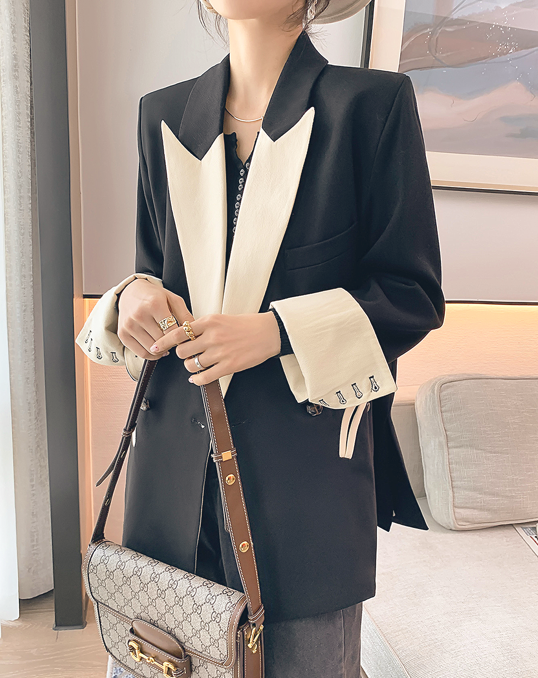 ♀Contrast Peaked Lapel Collar Jacket