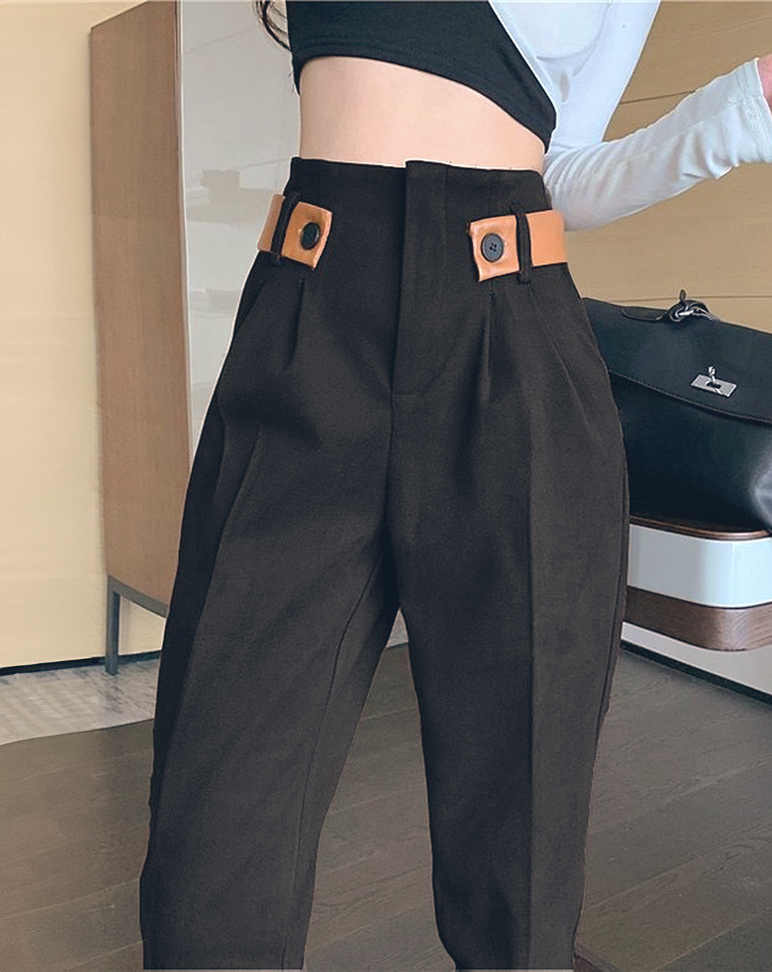 ♀High Waist Point Belt Pants