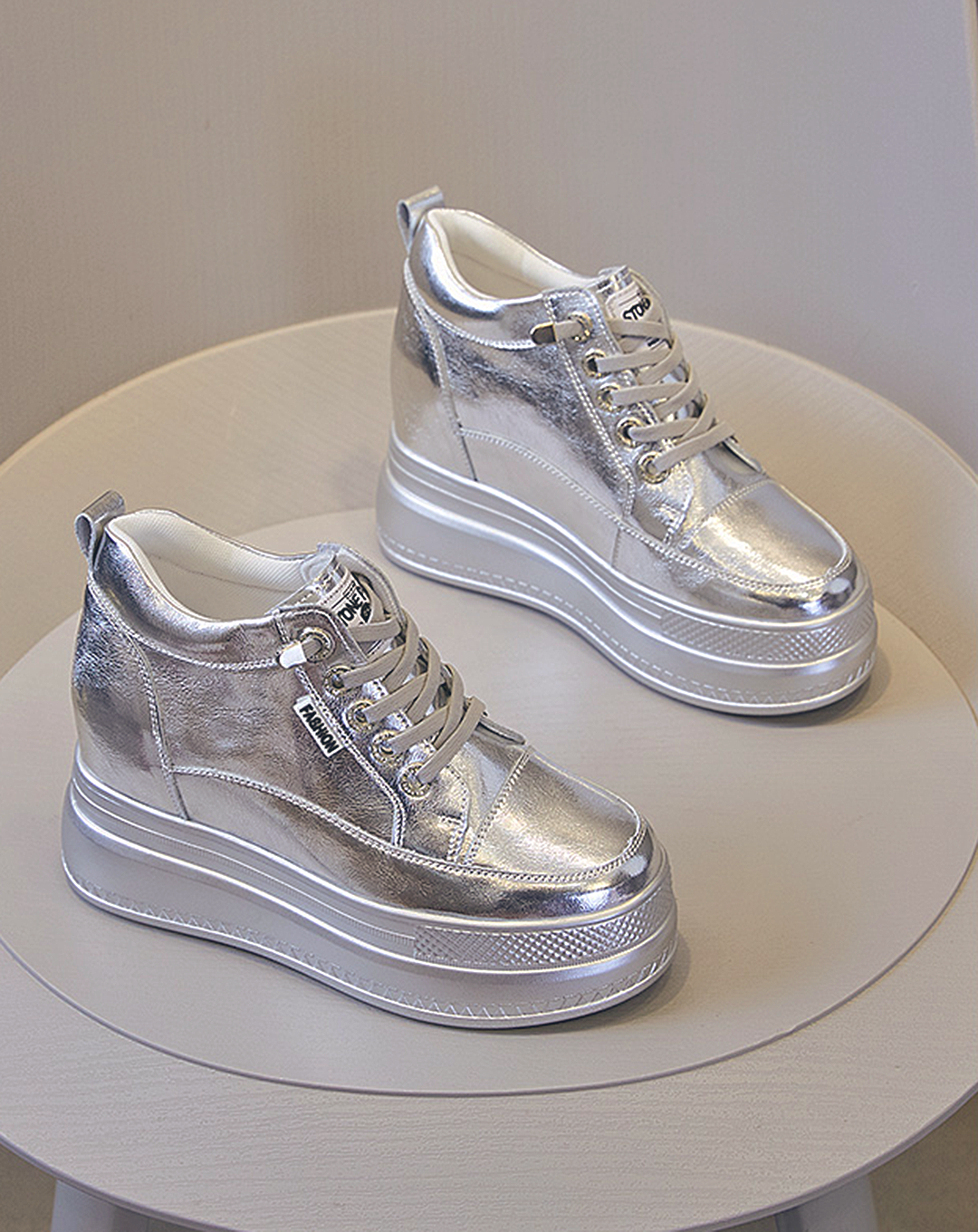 ♀本革/Silver Chunky Platform Sneakers