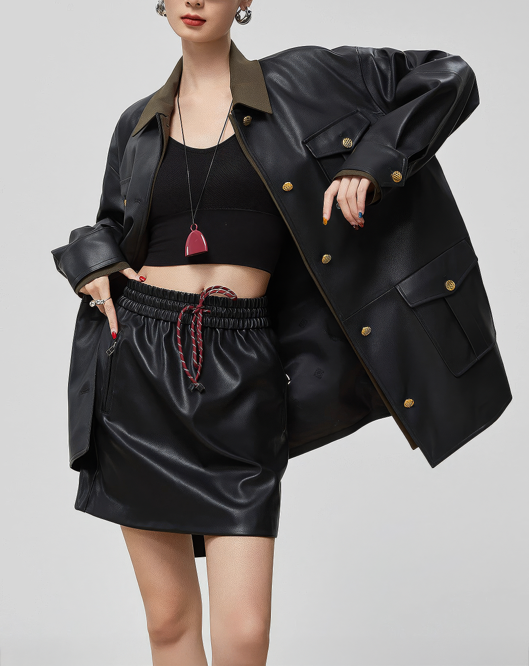 ♀Olive Collar Leather Jacket