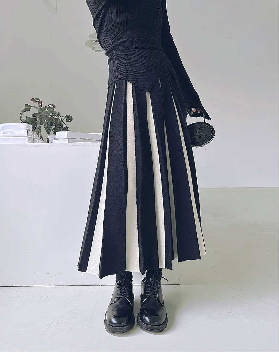 ♀Bicolor Long Pleated Skirt