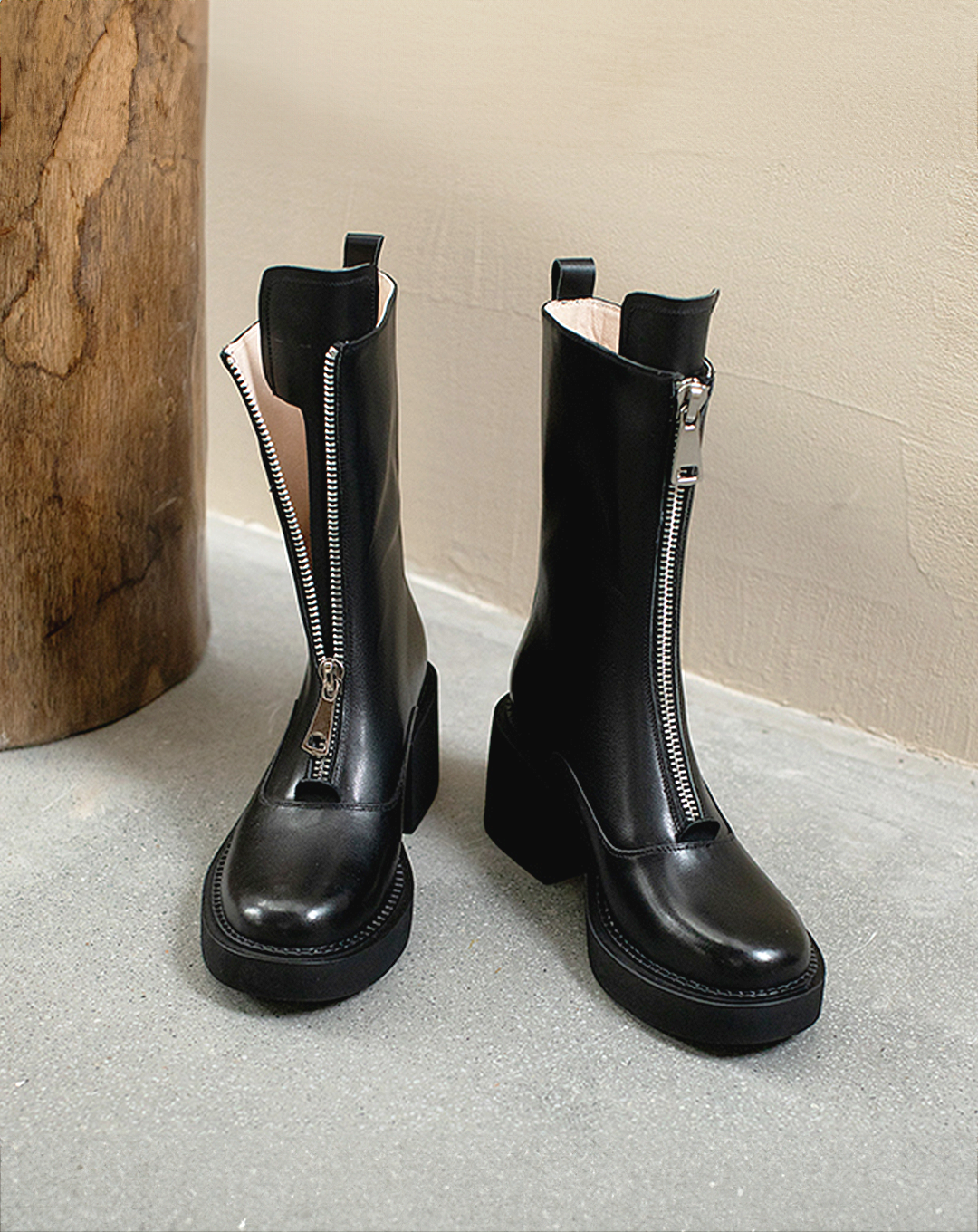 ♀本革/Zip-Up Middle Boots