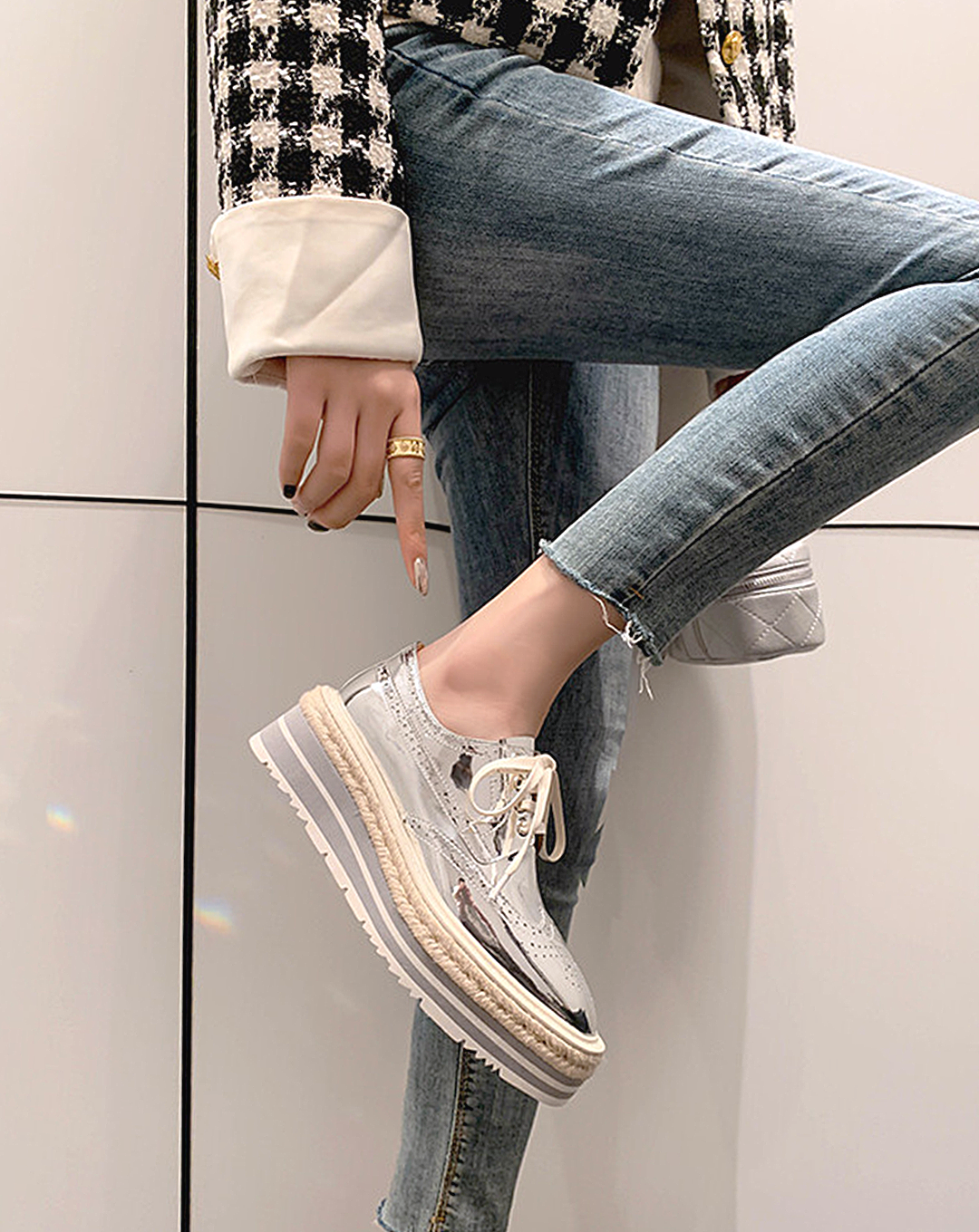 ♀本革/Wingtip Platform Leather Shoes