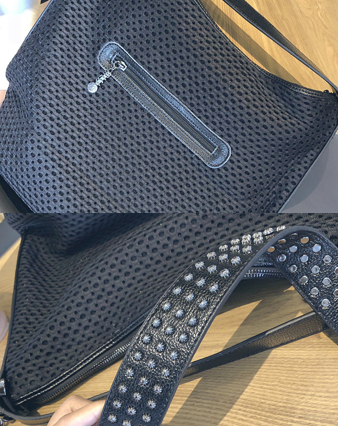本革/Mesh and Studs Design Leather Bag