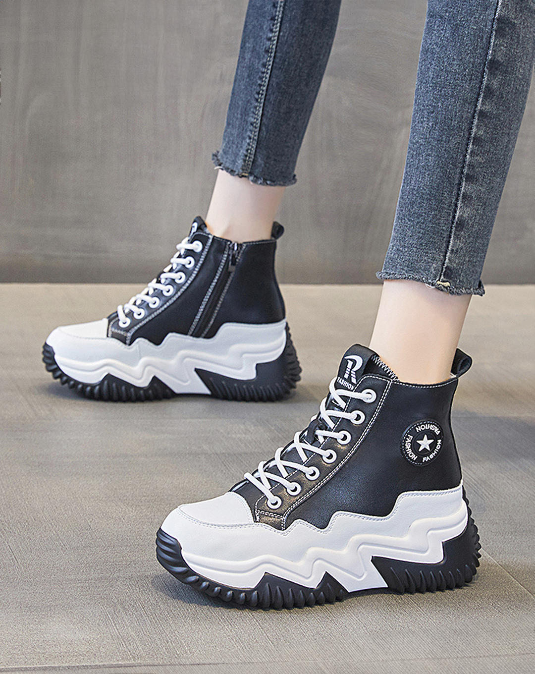 ♀本革/Jagged Platform High-Cut Sneakers