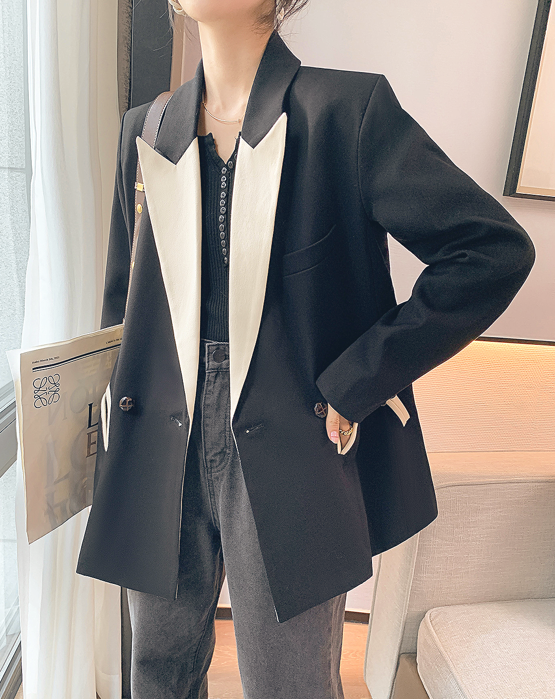 ♀Contrast Peaked Lapel Collar Jacket