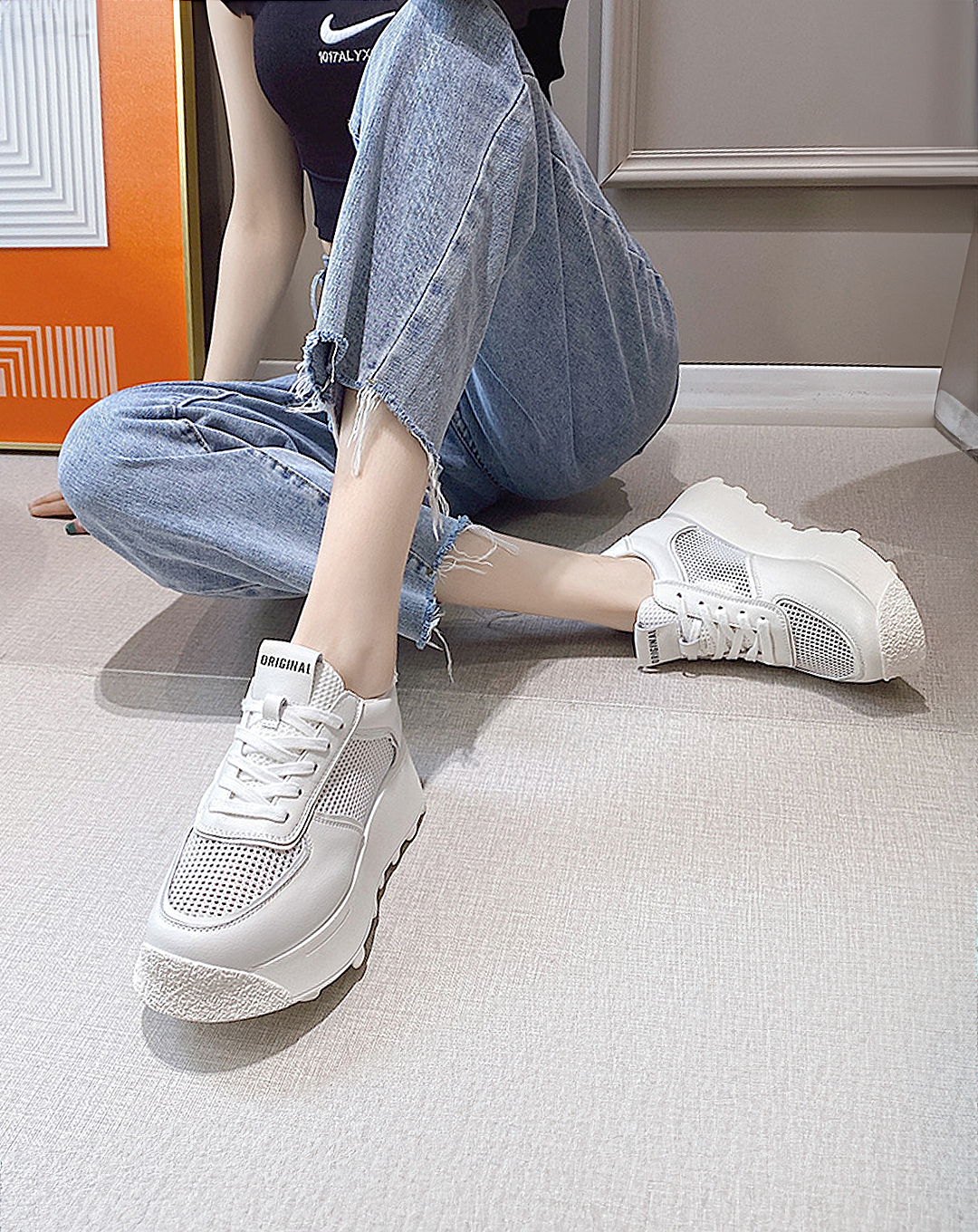 ♀本革/White Platform Sneakers