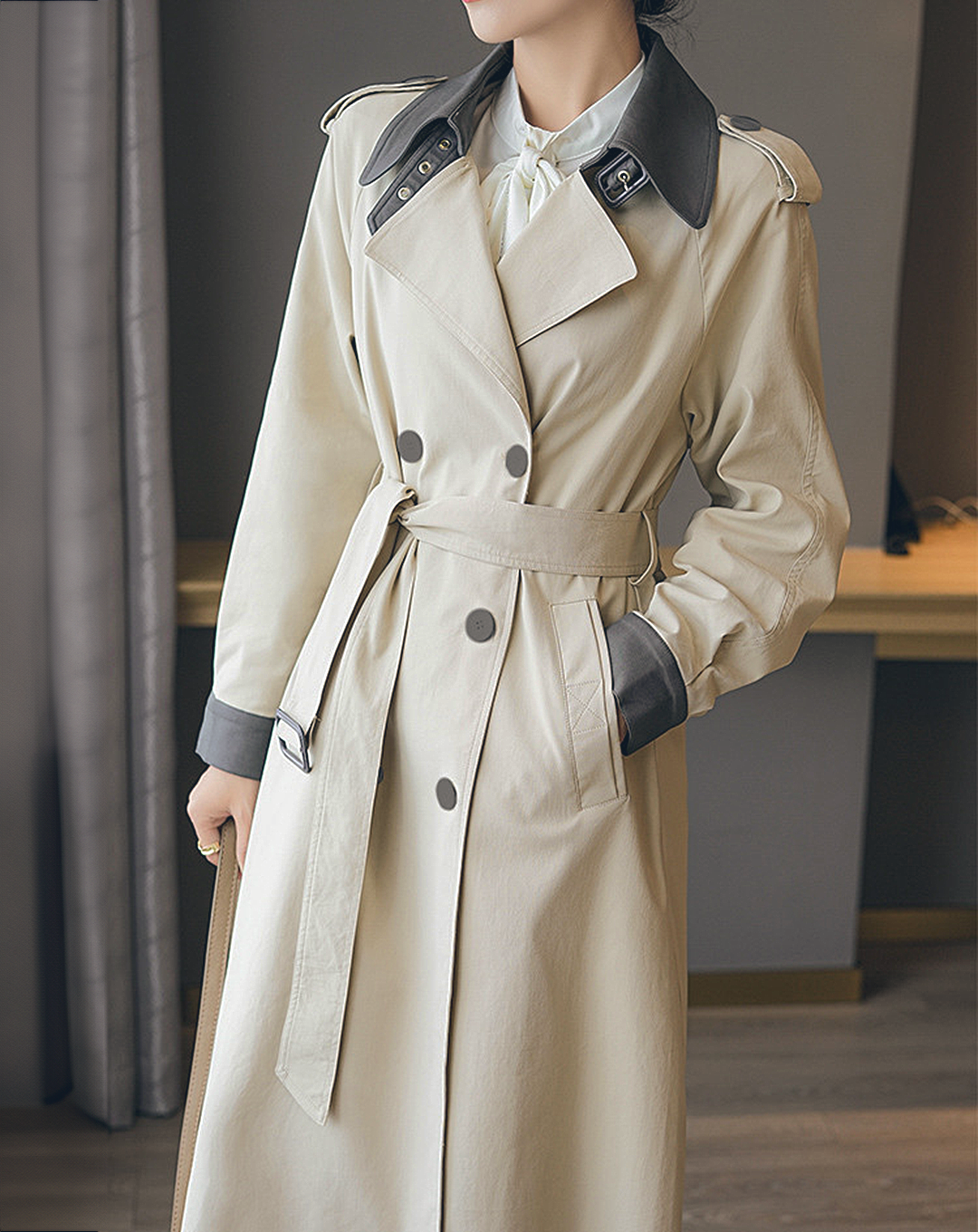 ♀Bicolor Soutien Collar Trench Coat