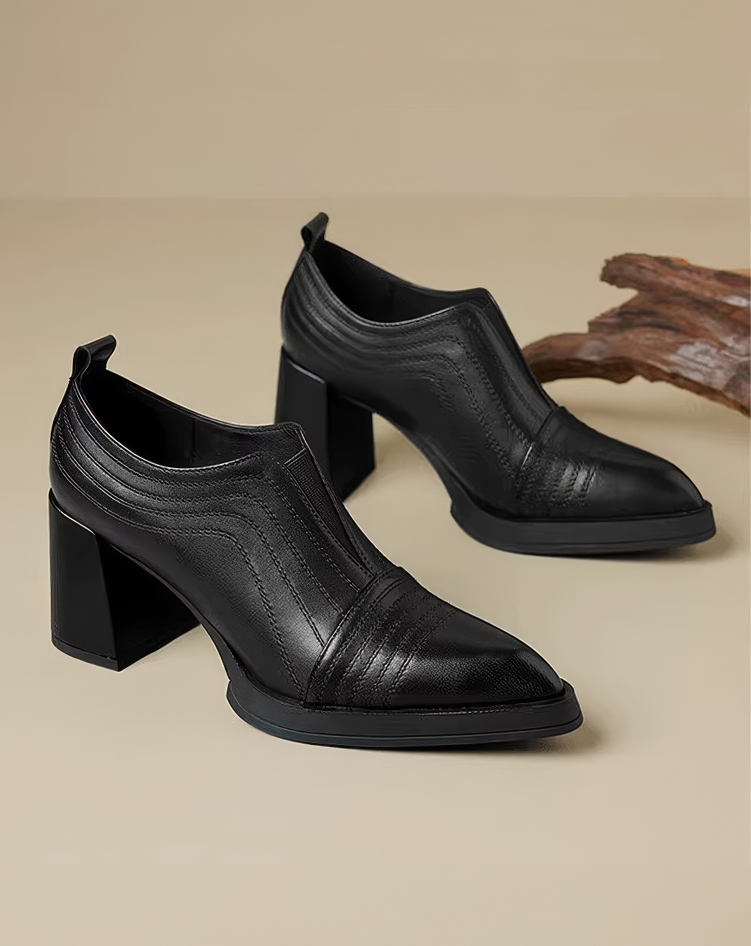 ♀本革/Chunky Heel Pointed Bootie