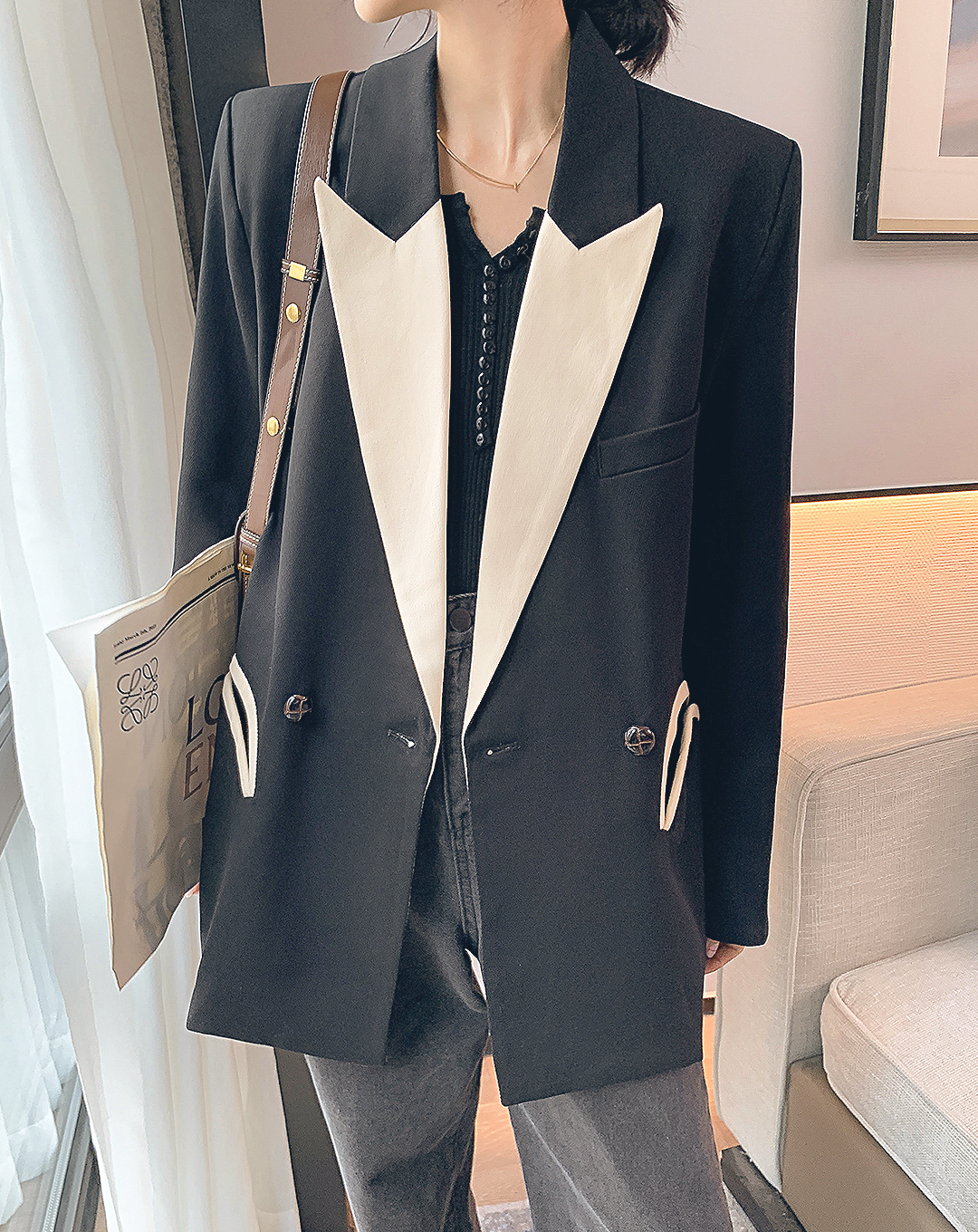 ♀Contrast Peaked Lapel Collar Jacket