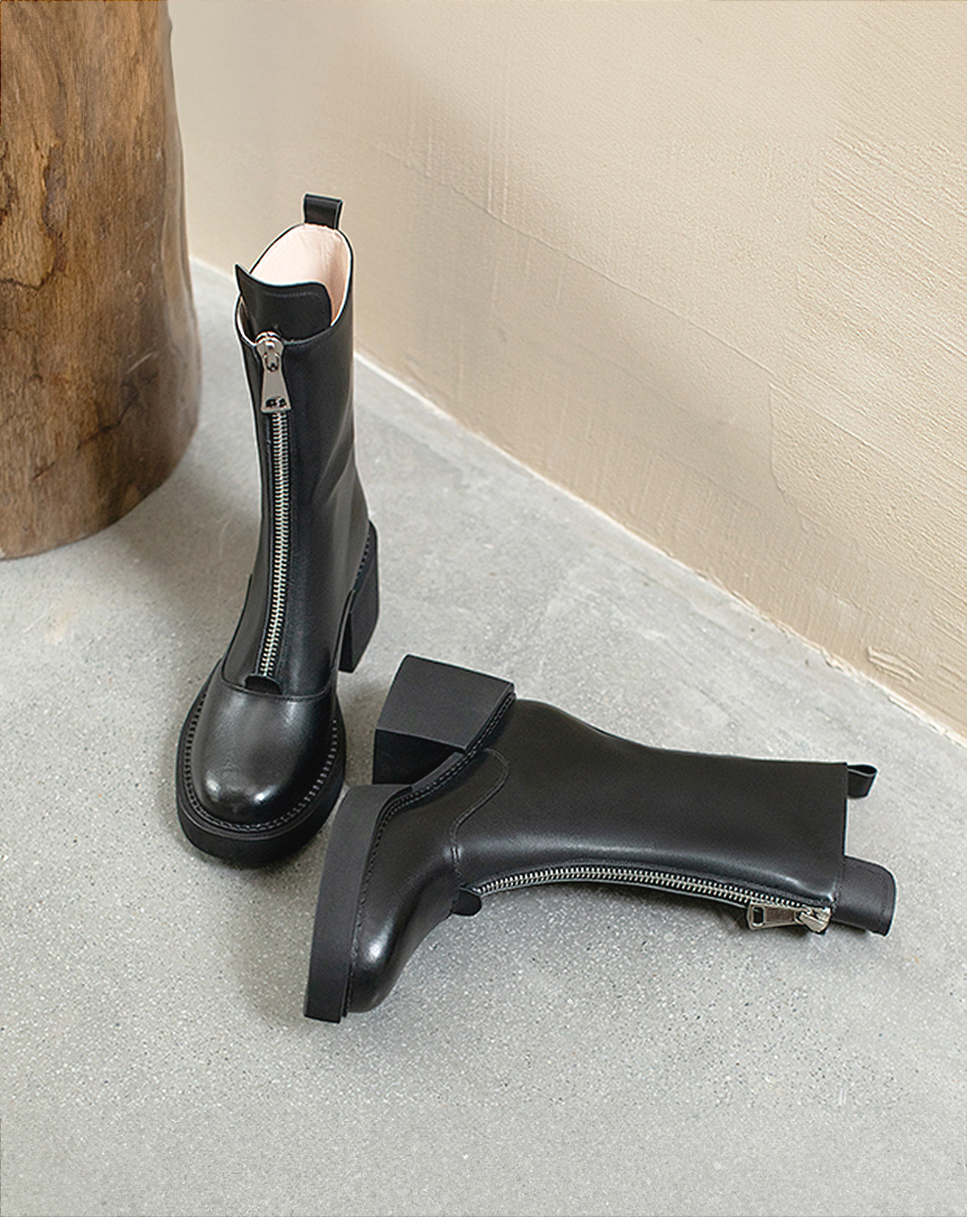 ♀本革/Zip-Up Middle Boots