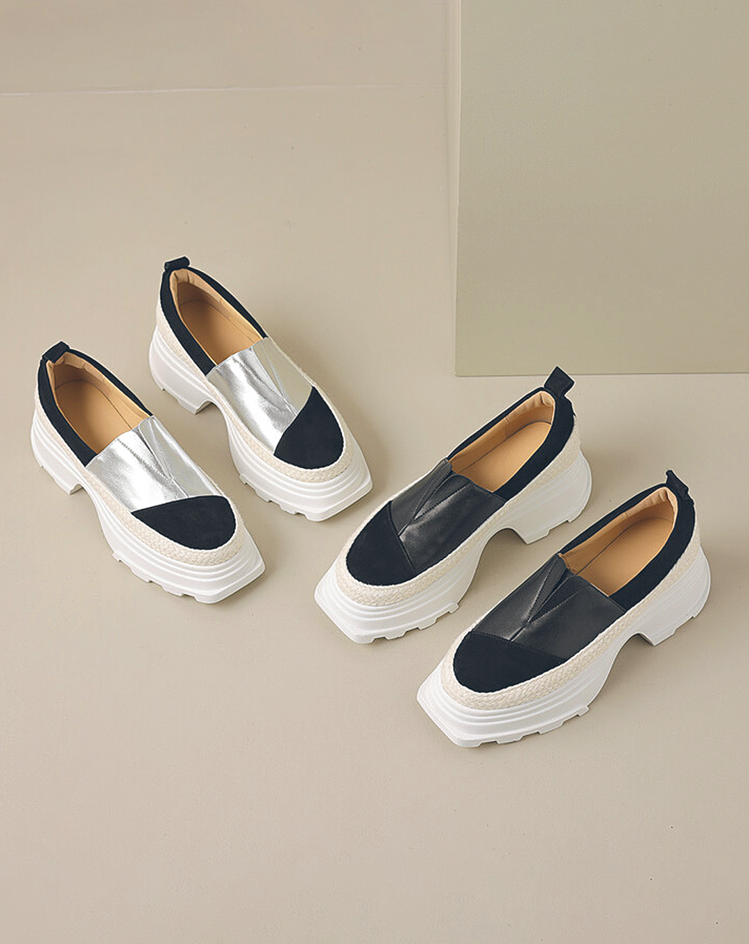 ♀Leather and Jute Platform Slip-on Shoes