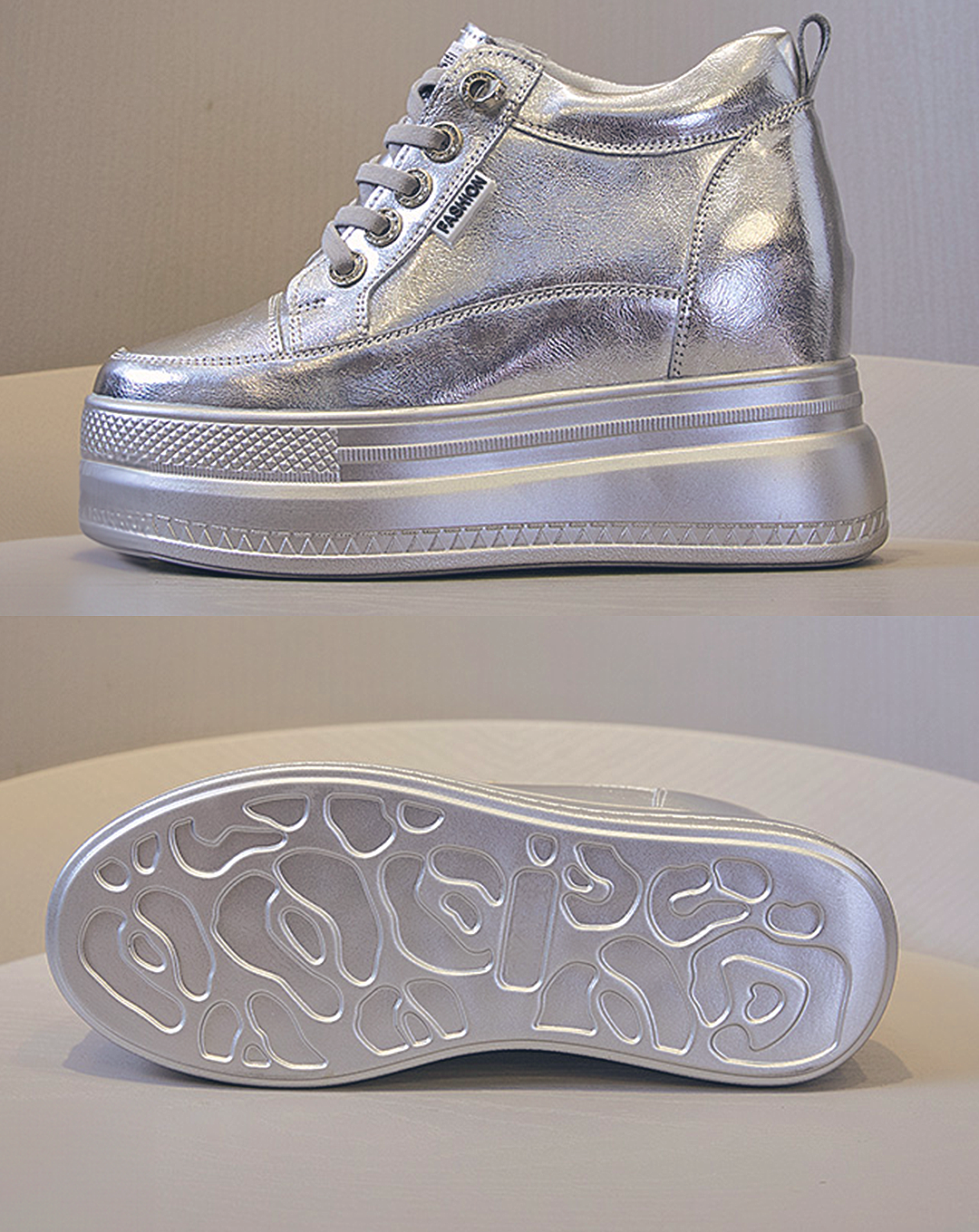 ♀本革/Silver Chunky Platform Sneakers