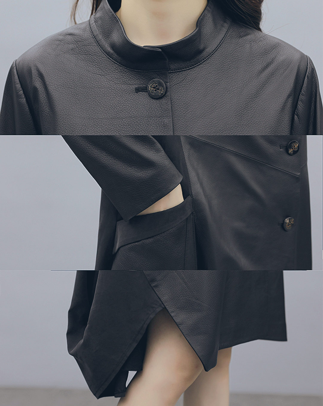 ♀Stand Collar Leather Long Shirt