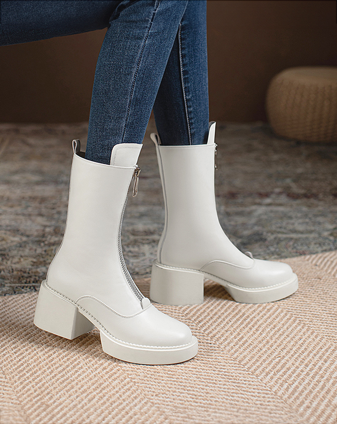 ♀本革/Zip-Up Middle Boots