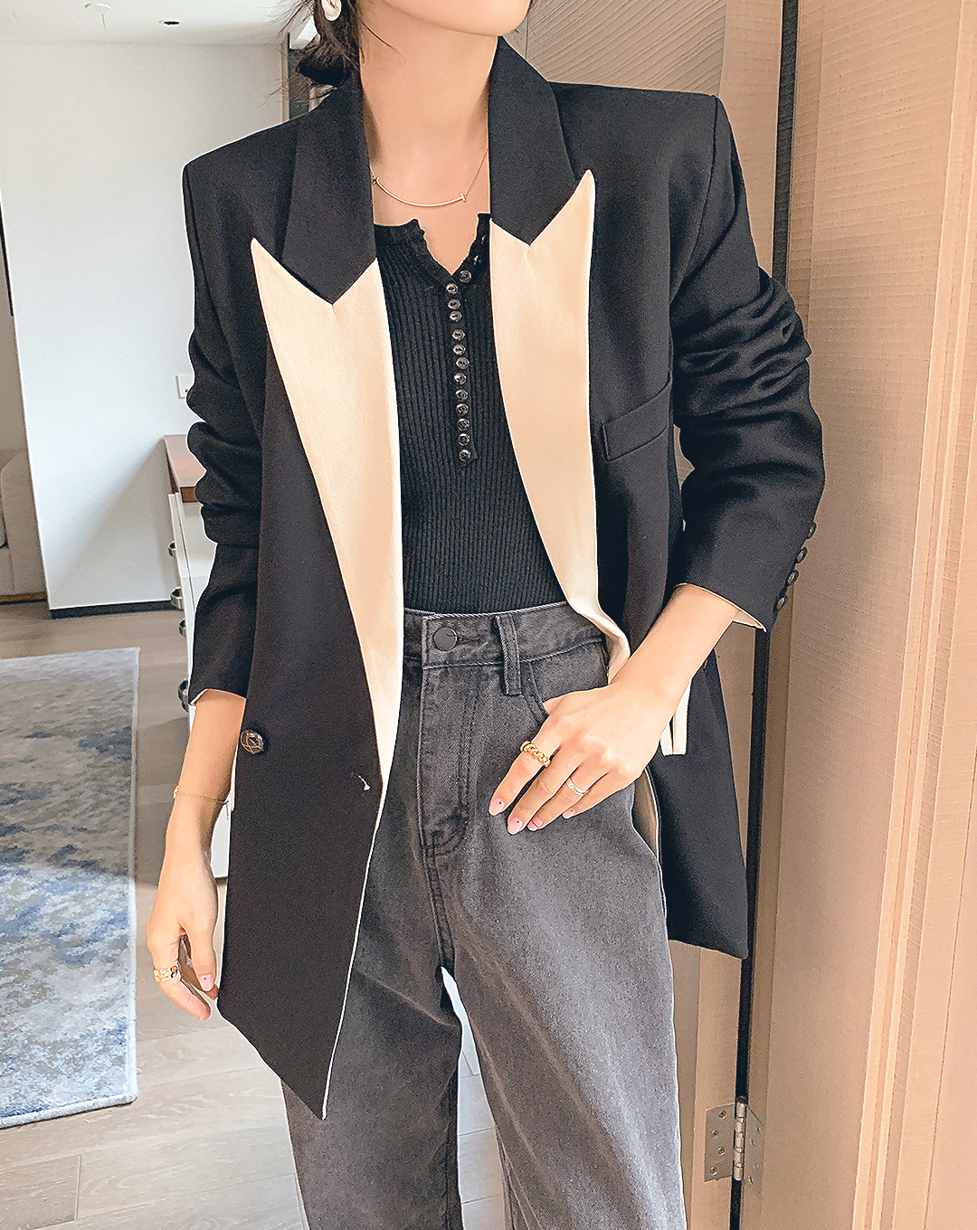 ♀Contrast Peaked Lapel Collar Jacket