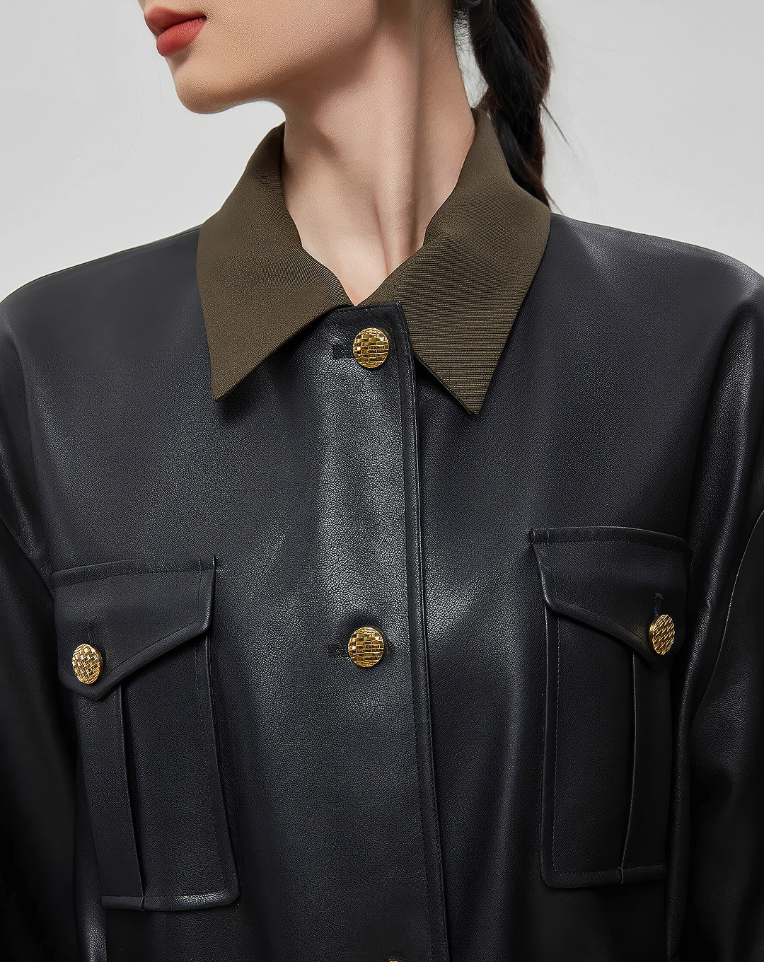 ♀Olive Collar Leather Jacket