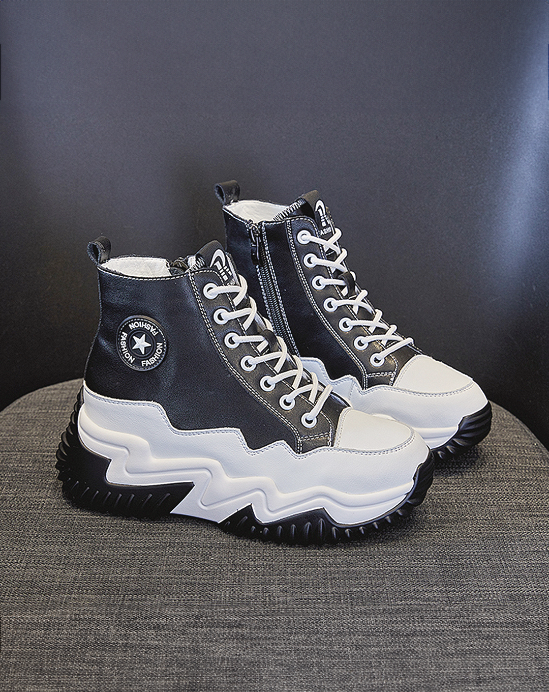 ♀本革/Jagged Platform High-Cut Sneakers