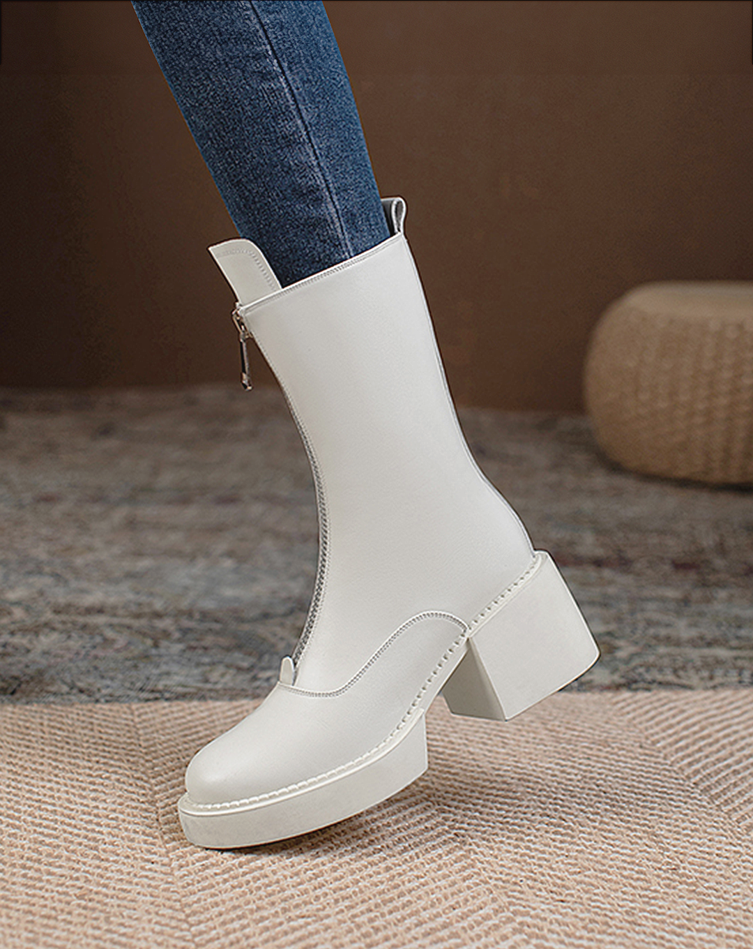 ♀本革/Zip-Up Middle Boots