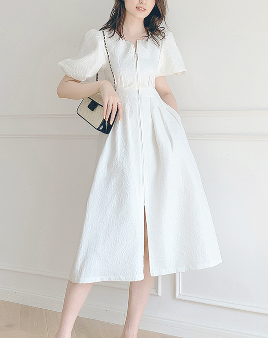 ♀Puff Sleeve Zip Dress
