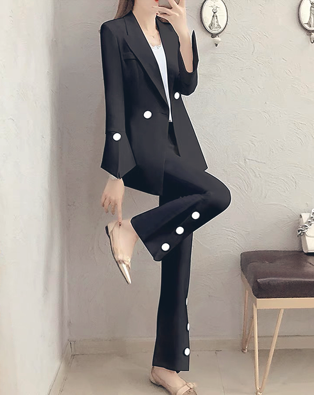 ♀Contrast Color Button Suit