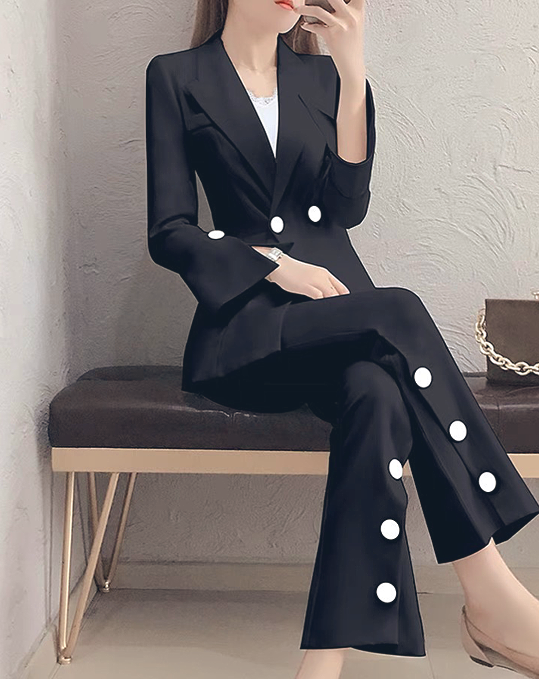♀Contrast Color Button Suit