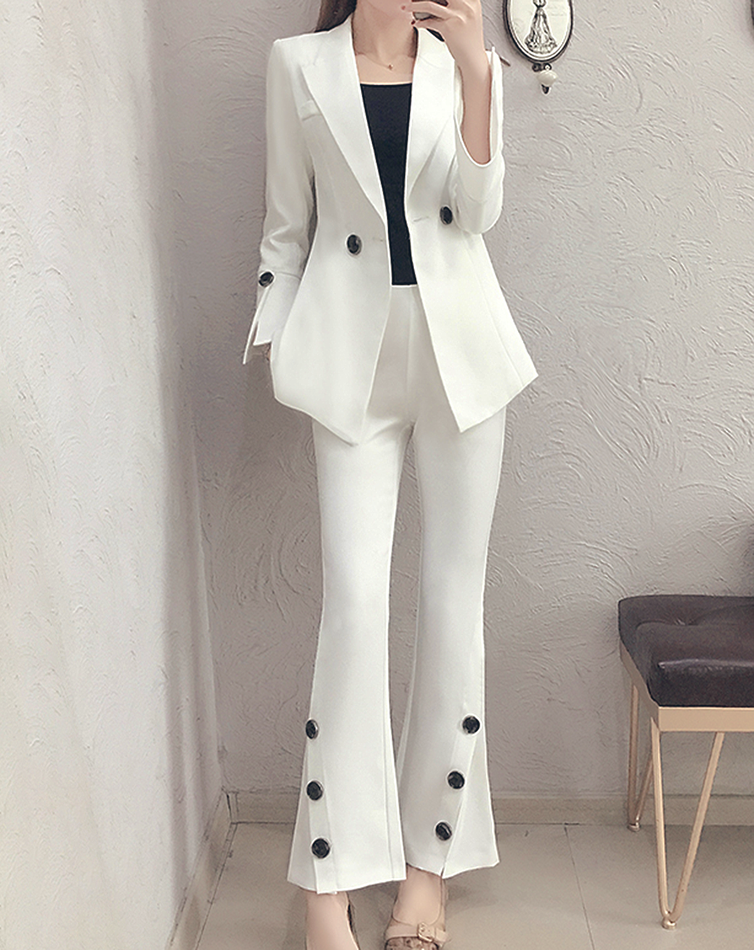 ♀Contrast Color Button Suit