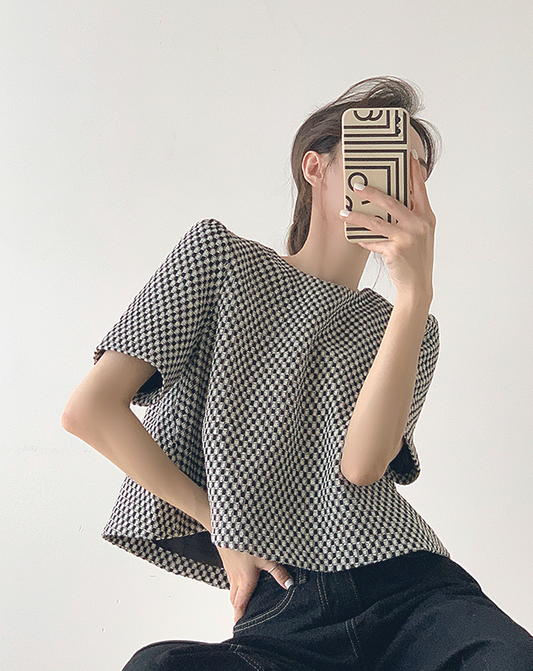 ♀Monotone Plaid Short Shirt